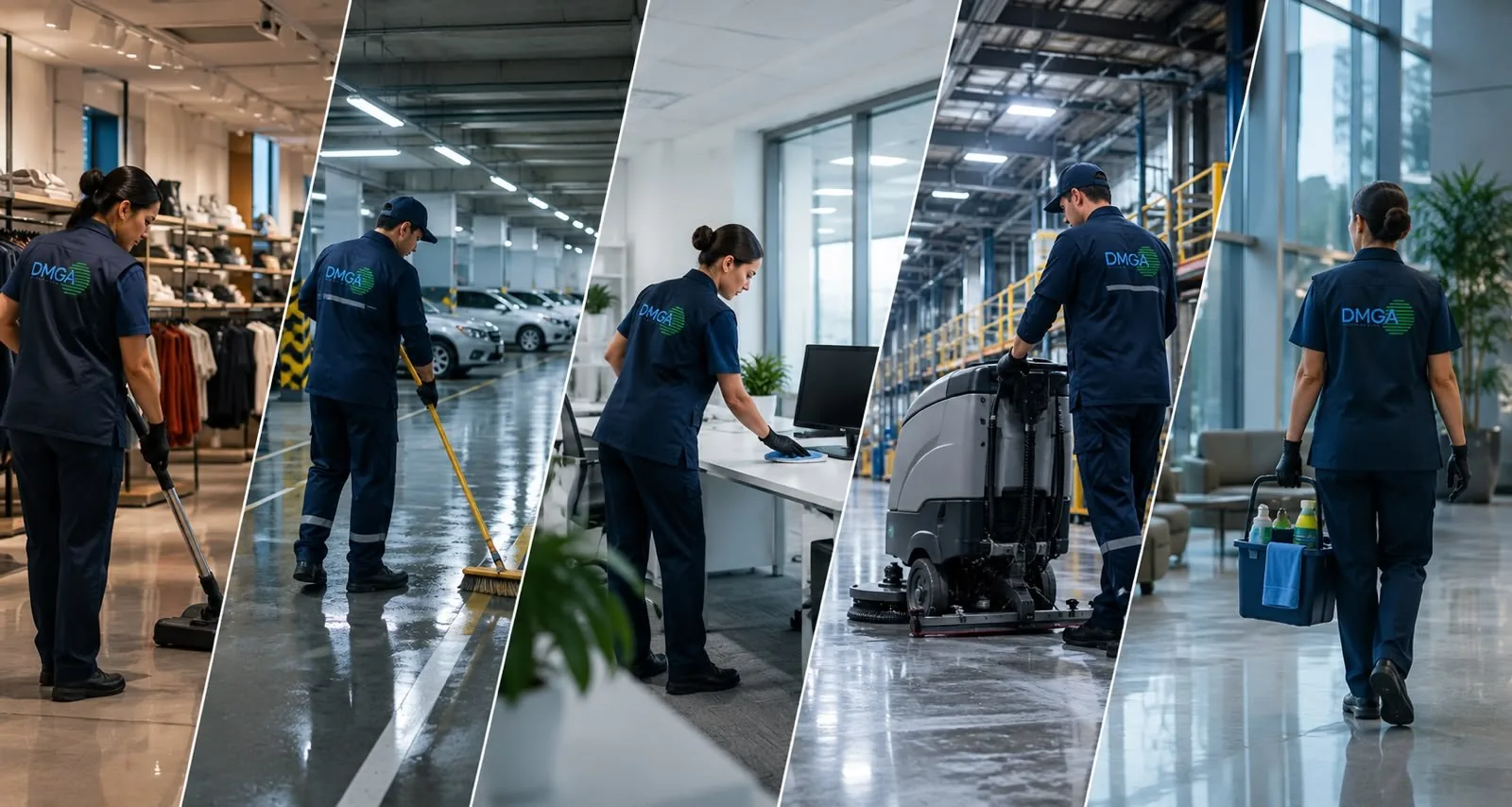 Personal de DMGA realizando servicios de aseo corporativo, industrial y limpieza en diferentes espacios